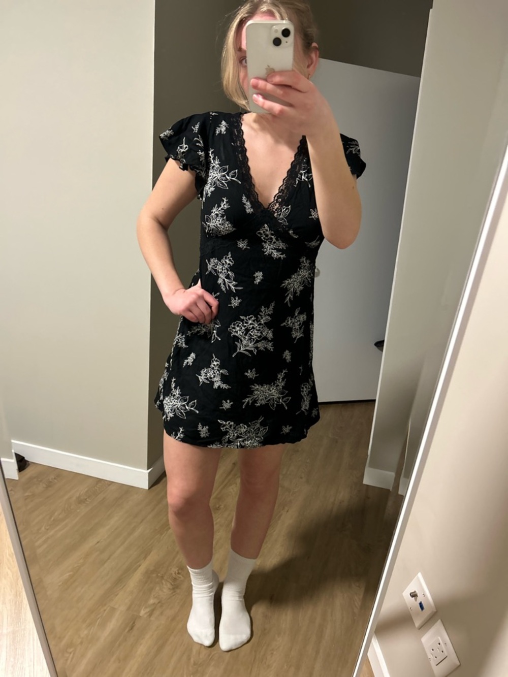 Old Navy Black Mini Dress with White Floral Print